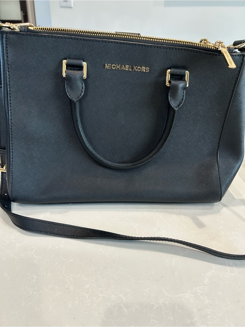 Michael Kors Black Leather Satchel with Gold Hardware